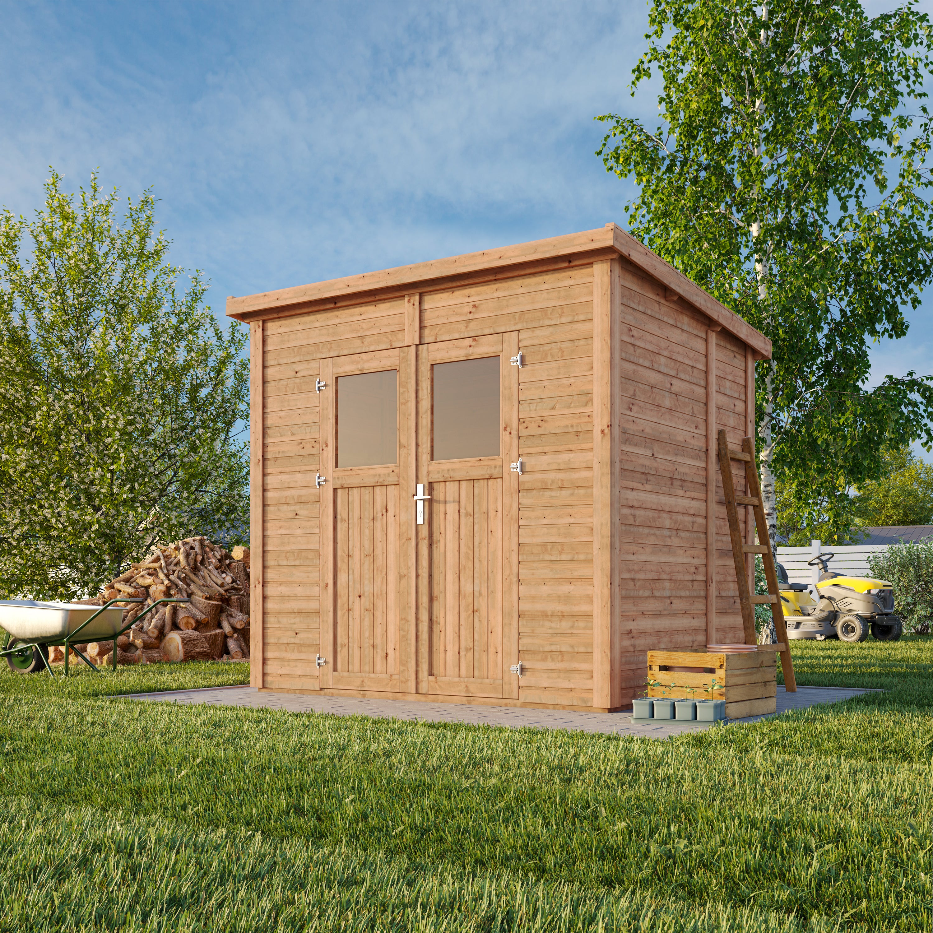 Cedar storage shed in a backyard with greenery.